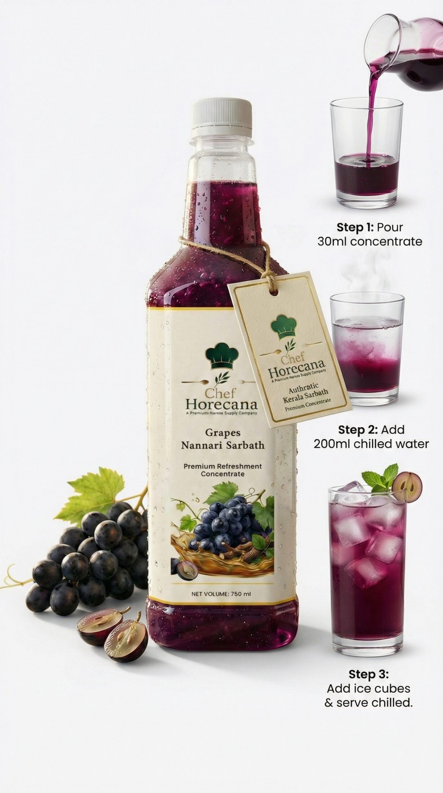 Rich Premium Grapes Nannari Sarbath Concentrate – Bold Summer Refreshment Syrup for Hotels, Catering & Cafés | Chef HORECANA 750ml 8 Grapes Nannari